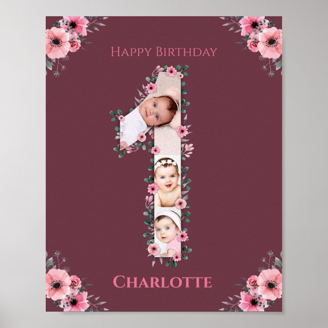Big 1st Birthday Girl Photo Collage Pink Flower Poster (Front)