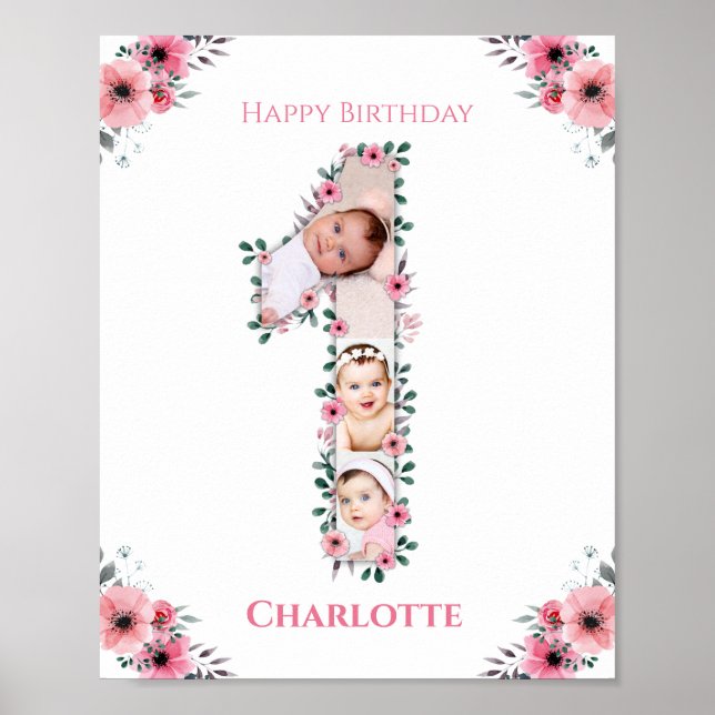 Big 1st Birthday Girl Photo Collage Pink Flower Poster (Front)