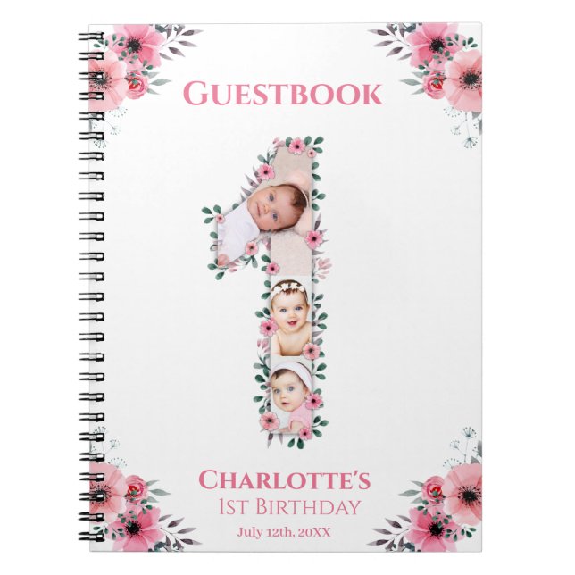 Big 1st Birthday Girl Photo Pink Flower Guest Book (Front)