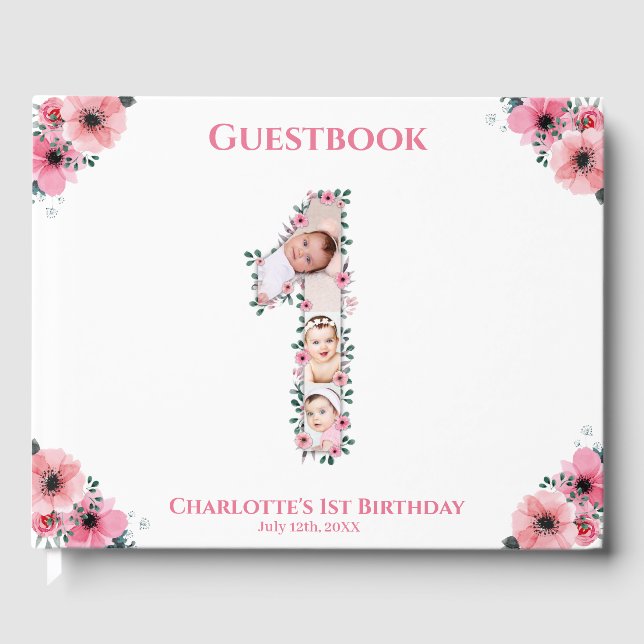 Big 1st Birthday Photo Collage Flower Girl White Guest Book (Front)