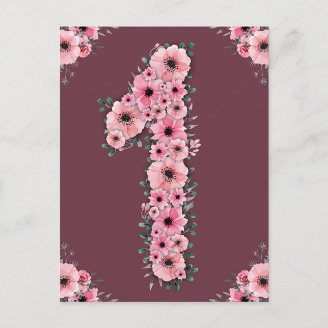 Big 1st Birthday Pink Flowers Girl Green Foliage Postcard (Front)