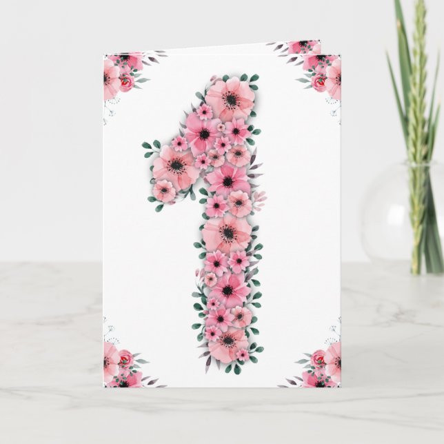 Big 1st Birthday Pink Flowers Green Foliage Girl Card (Front)