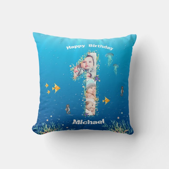 Big 1st Birthday Under The Sea Photo Collage Cushion (Front)