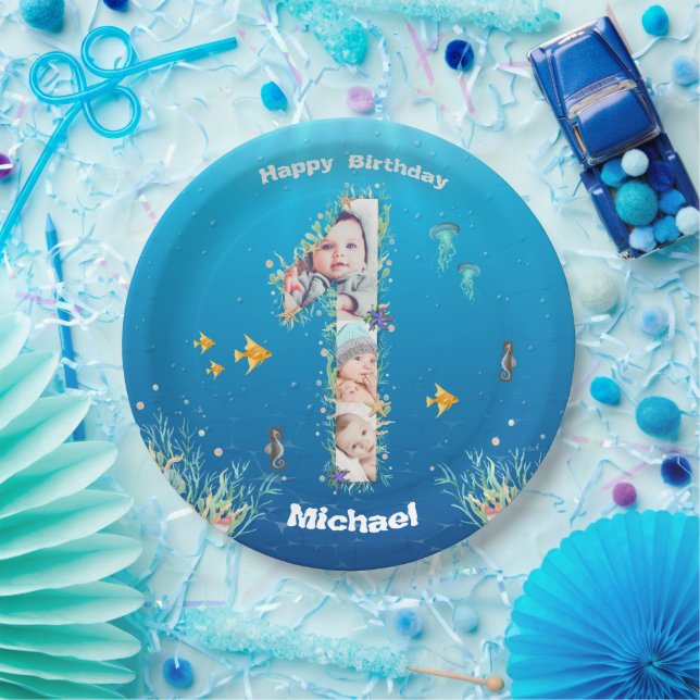 Big 1st Birthday Under The Sea Photo Collage Paper Plate (Party)