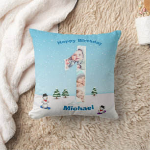 Big 1st Birthday Winter Snow Ice Photo Collage Cushion