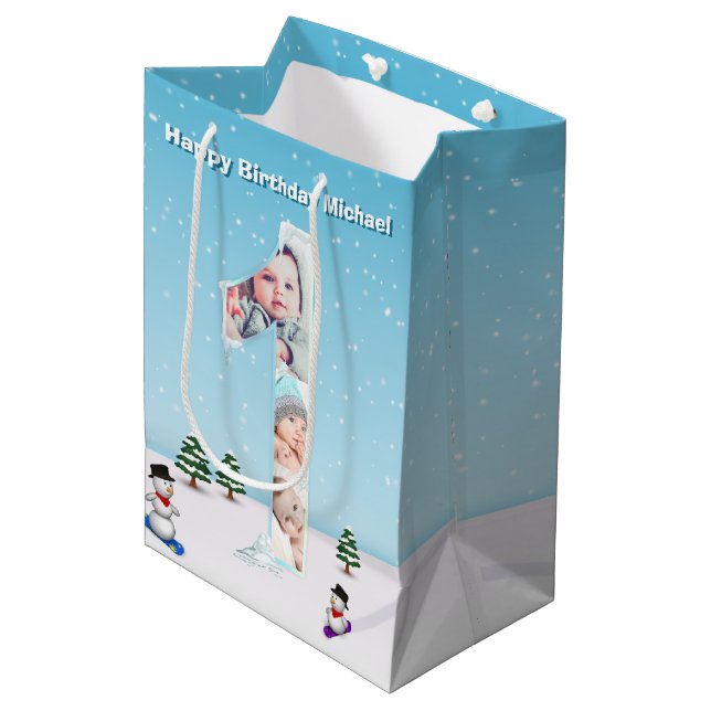 Big 1st Birthday Winter Snow Ice Photo Collage Medium Gift Bag (Front Angled)