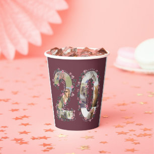 Big 20th Birthday Girl Pink Flower Photo Collage Paper Cups