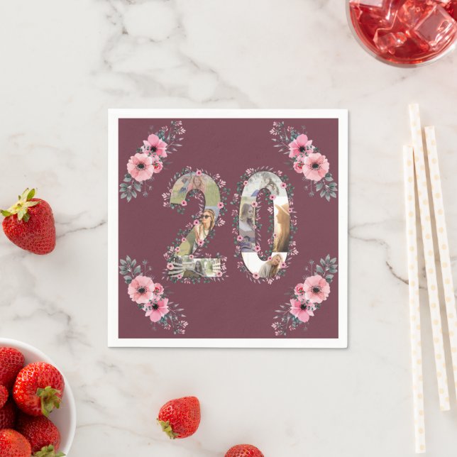 Big 20th Birthday Photo Collage Girl Pink Flower Napkin (Insitu)