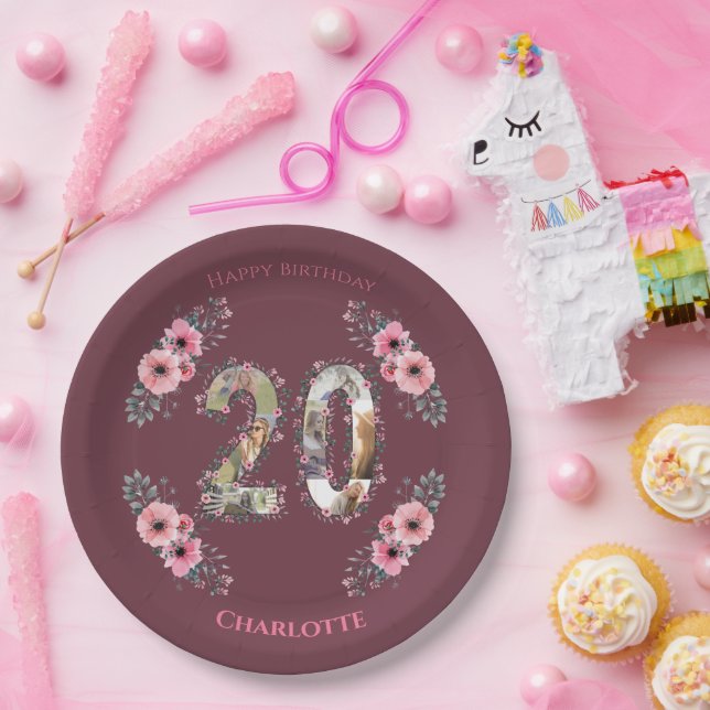 Big 20th Birthday Photo Collage Pink Flower Girl Paper Plate (Party)