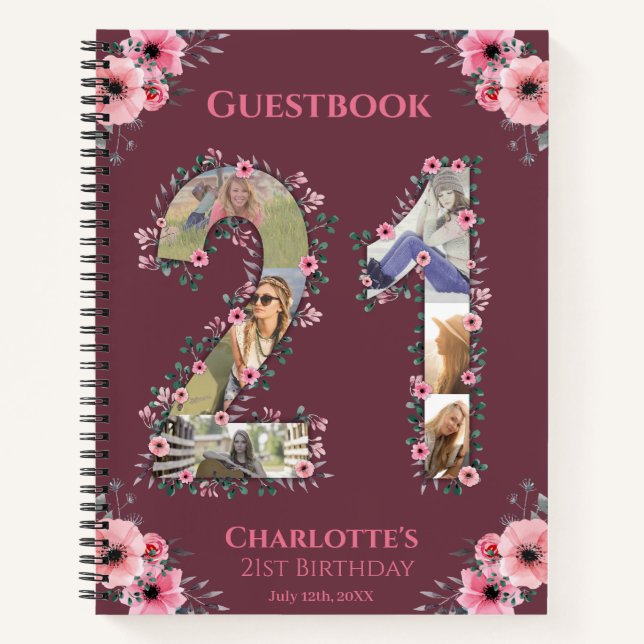 Big 21st Birthday Photo Pink Flower Guest Book (Front)