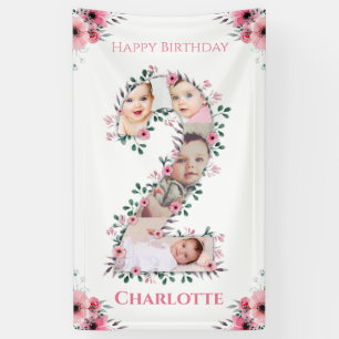 Big 2nd Birthday Girl Photo Collage Pink Flower Banner