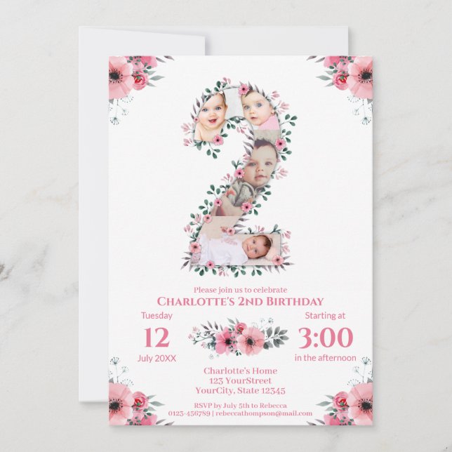 Big 2nd Birthday Girl Photo Collage Pink Flower Invitation (Front)
