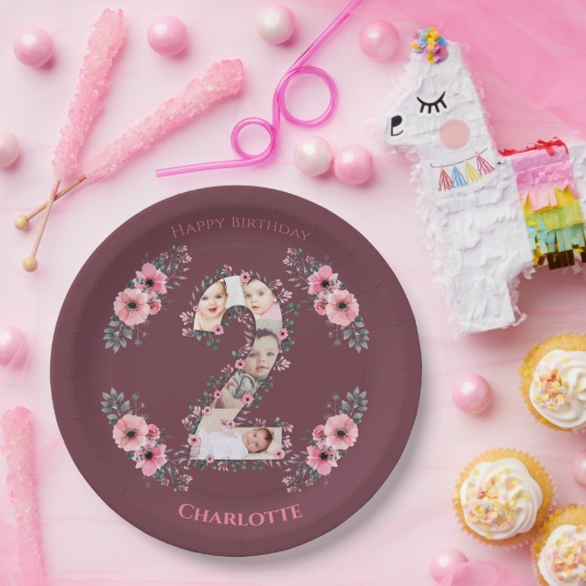 Big 2nd Birthday Girl Photo Collage Pink Flower Paper Plate (Party)
