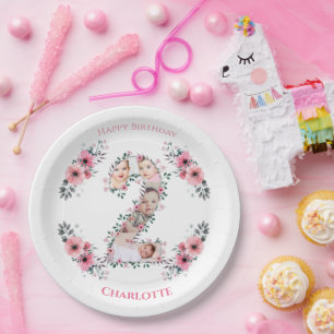 Big 2nd Birthday Girl Photo Collage Pink Flower Paper Plate