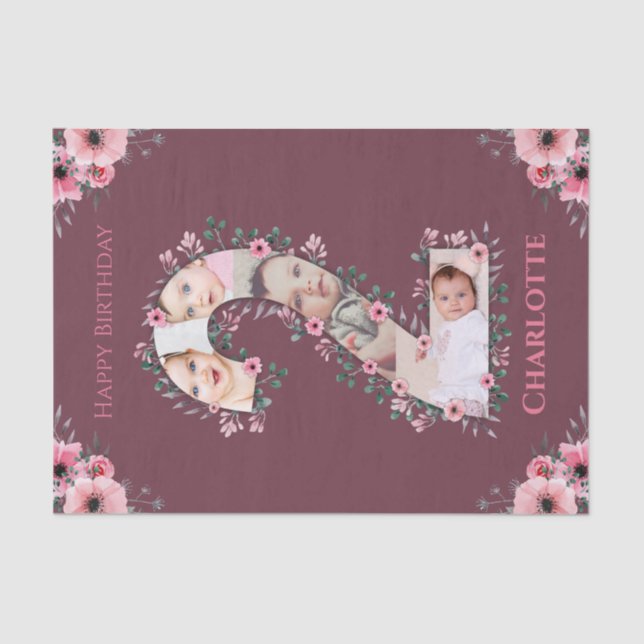 Big 2nd Birthday Girl Photo Collage Pink Flower Tissue Paper (Front)