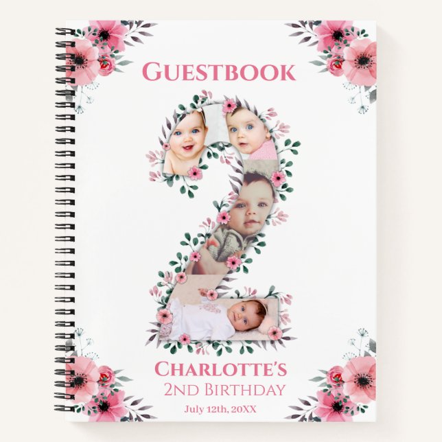 Big 2nd Birthday Girl Photo Pink Flower Guest Book (Front)