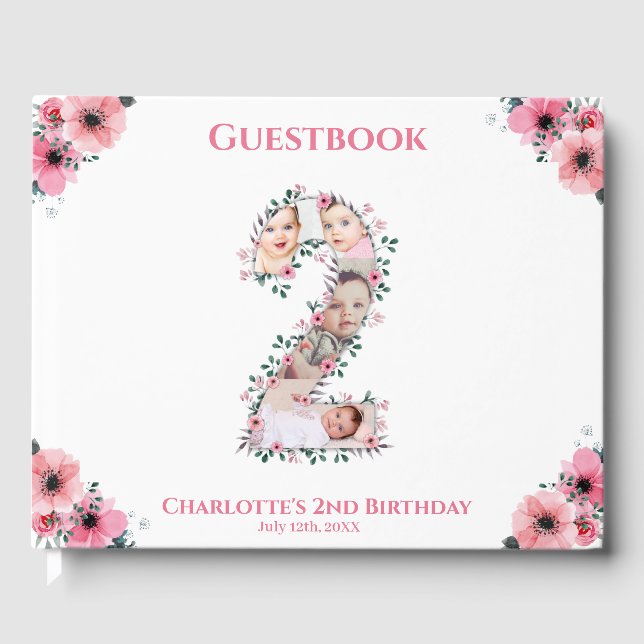 Big 2nd Birthday Photo Collage Flower Girl White Guest Book (Front)