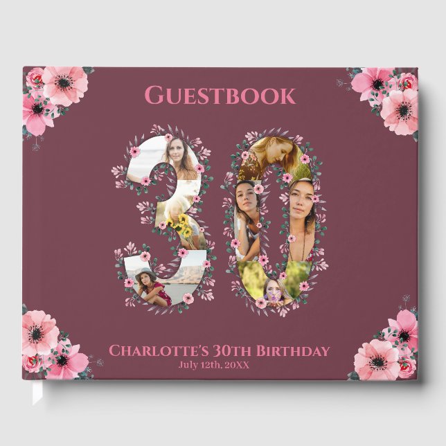 Big 30th Birthday Photo Collage Flower Woman Guest Book (Front)