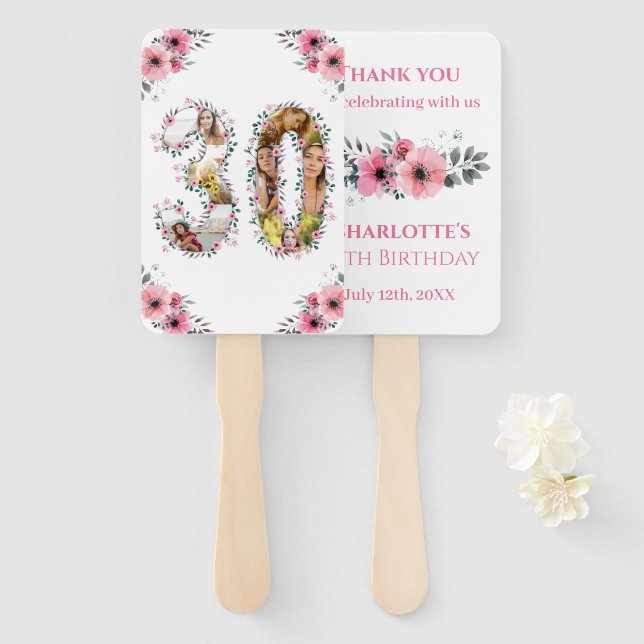 Big 30th Birthday Photo Collage Pink Flower White Hand Fan (Front and Back)