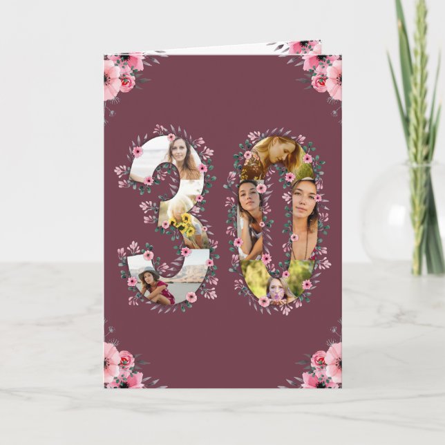 Big 30th Birthday Photo Collage Pink Flower Woman Card (Front)