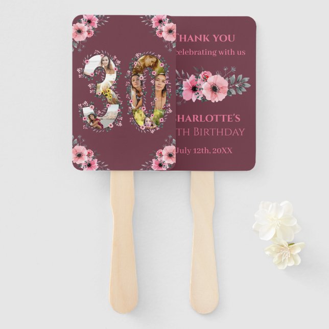 Big 30th Birthday Photo Collage Pink Flower Woman Hand Fan (Front and Back)