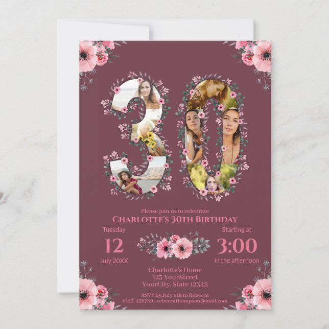 Big 30th Birthday Photo Collage Pink Flower Woman Invitation (Front)