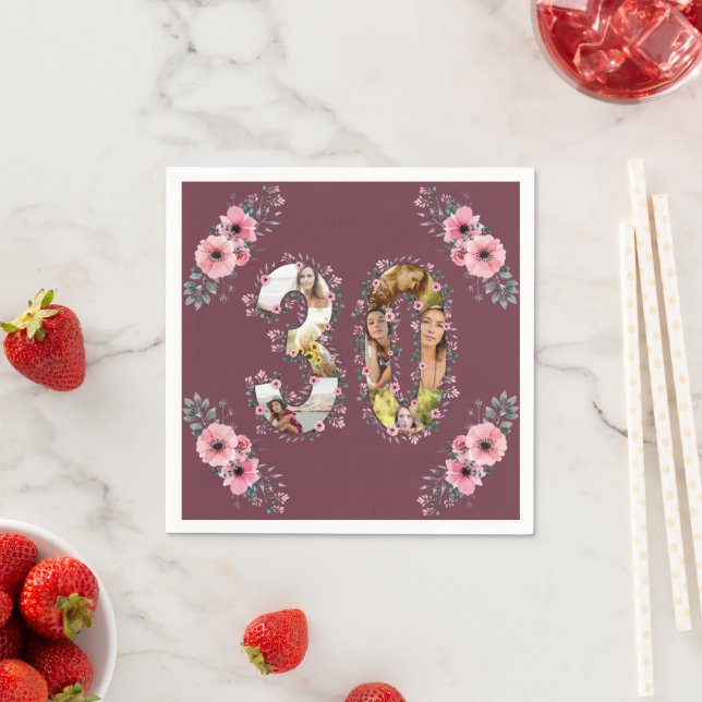 Big 30th Birthday Photo Collage Pink Flower Woman Napkin (Insitu)