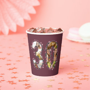 Big 30th Birthday Pink Flower Photo Collage Woman Paper Cups