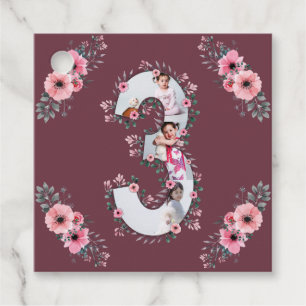Big 3rd Birthday Girl Photo Collage Pink Flower Favour Tags