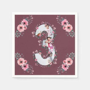 Big 3rd Birthday Girl Photo Collage Pink Flower Napkin