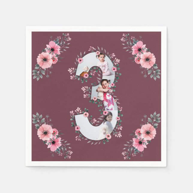 Big 3rd Birthday Girl Photo Collage Pink Flower Napkin (Front)