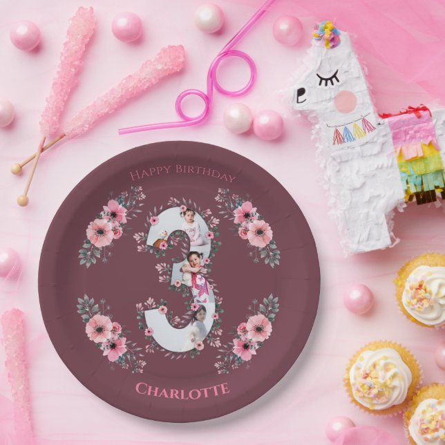 Big 3rd Birthday Girl Photo Collage Pink Flower Paper Plate (Party)
