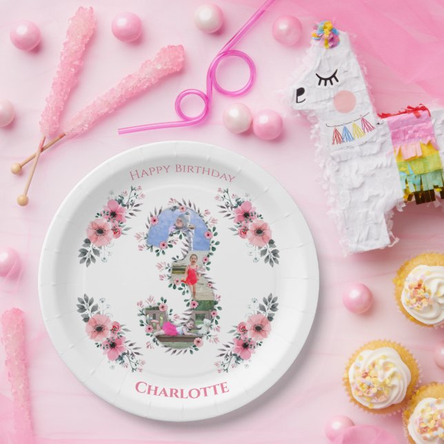 Big 3rd Birthday Girl Photo Collage Pink Flower Paper Plate (Party)