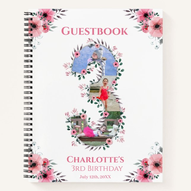 Big 3rd Birthday Girl Photo Pink Flower Guest Book (Front)