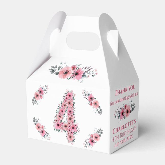 Big 4th Birthday Girl Green Foliage Pink Flowers Favour Box (Front Side)
