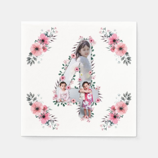 Big 4th Birthday Girl Photo Collage Pink Flower Napkin (Front)