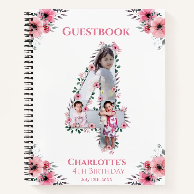 Big 4th Birthday Girl Photo Pink Flower Guest Book (Front)