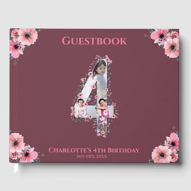 Big 4th Birthday Photo Collage Flower Girl Pink Guest Book (Front)