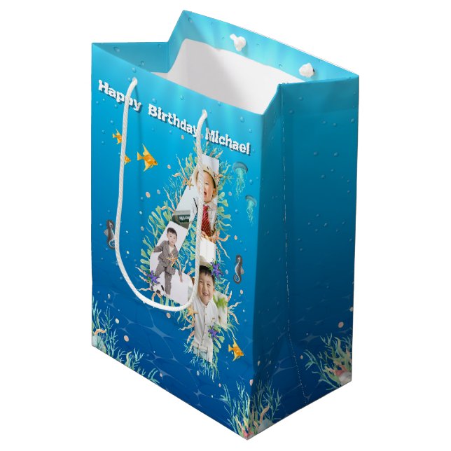 Big 4th Birthday Photo Collage Under The Sea Medium Gift Bag (Front Angled)