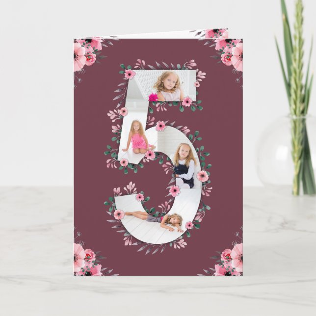 Big 5th Birthday Girl Photo Collage Pink Flower Card (Front)