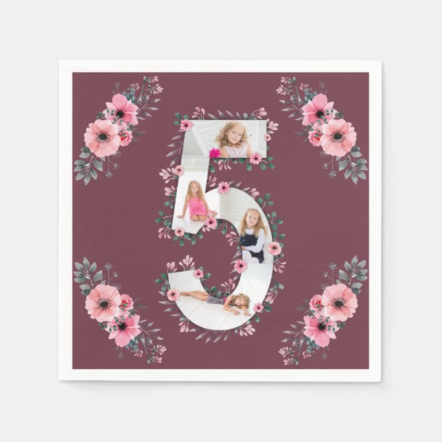 Big 5th Birthday Girl Photo Collage Pink Flower Napkin (Front)