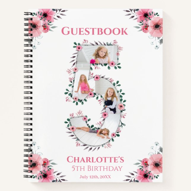 Big 5th Birthday Girl Photo Pink Flower Guest Book (Front)