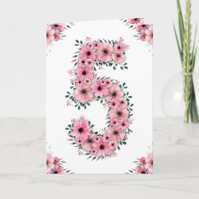 Big 5th Birthday Girl Pink Flowers Green Foliage Card (Front)