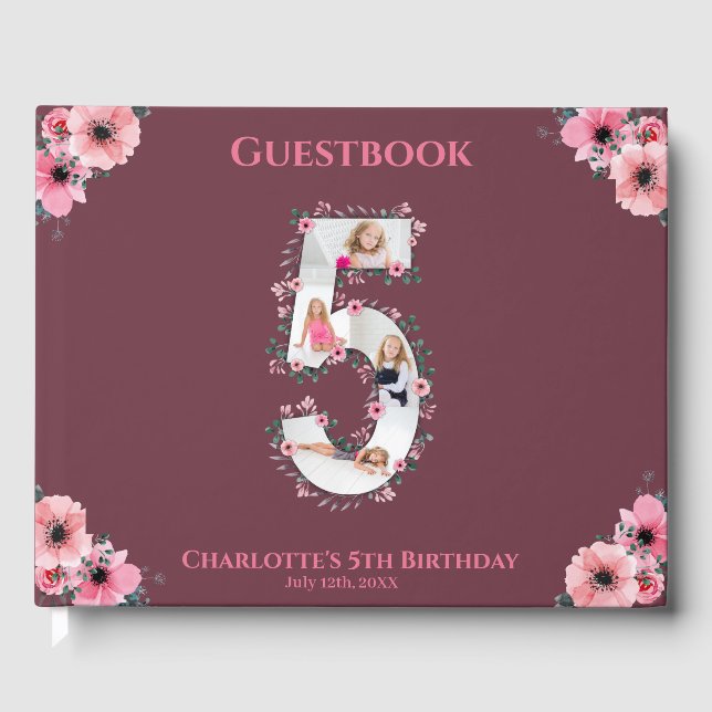 Big 5th Birthday Photo Collage Flower Girl Pink Guest Book (Front)
