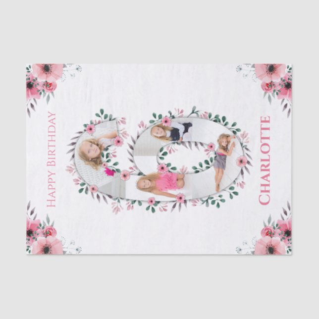 Big 6th Birthday Girl Photo Collage Pink Flower Tissue Paper (Front)