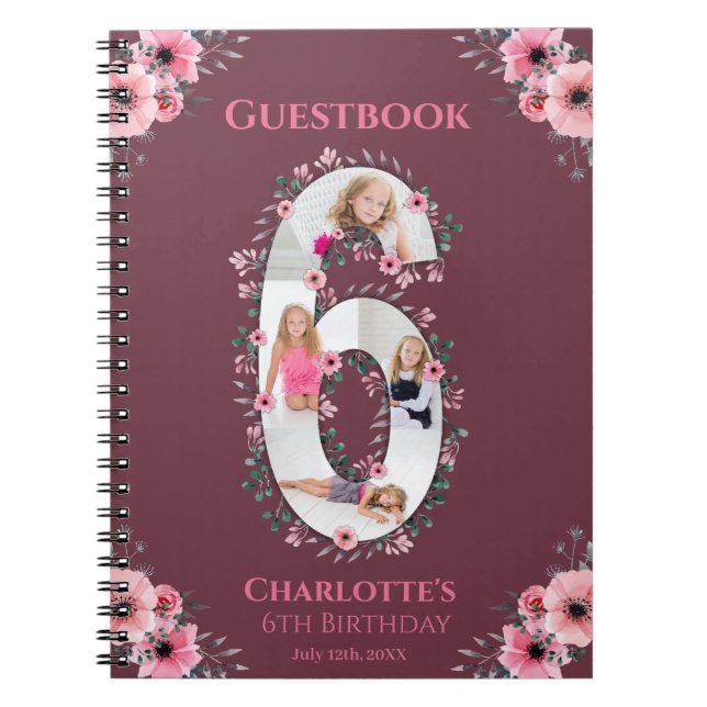 Big 6th Birthday Girl Photo Pink Flower Guest Book (Front)
