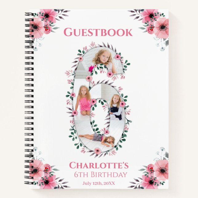 Big 6th Birthday Girl Photo Pink Flower Guest Book (Front)