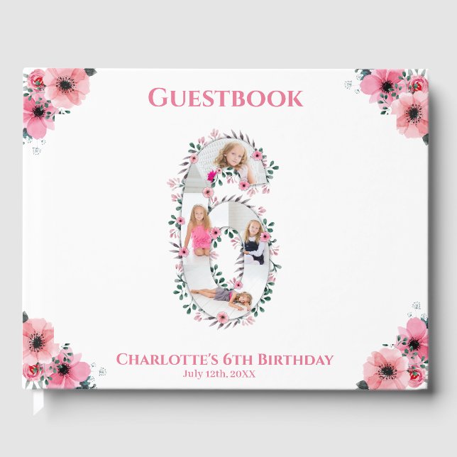 Big 6th Birthday Photo Collage Flower Girl White Guest Book (Front)