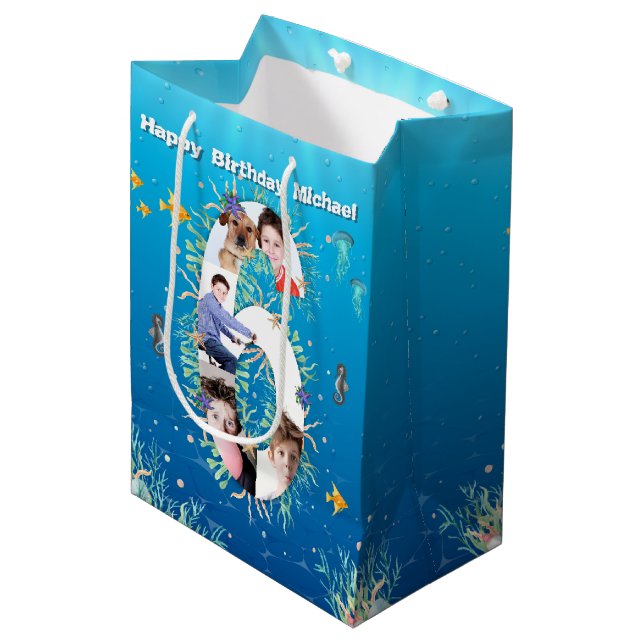 Big 6th Birthday Photo Collage Under The Sea Medium Gift Bag (Front Angled)