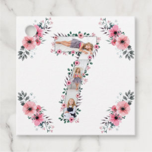 Big 7th Birthday Girl Photo Collage Pink Flower Favour Tags